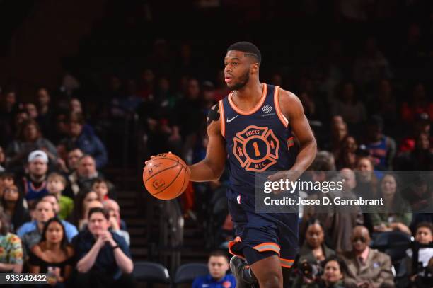 Emmanuel Mudiay of the New York Knicks dribbles up court against the Charlotte Hornets at Madison Square Garden on March 17, 2018 in New York,New...