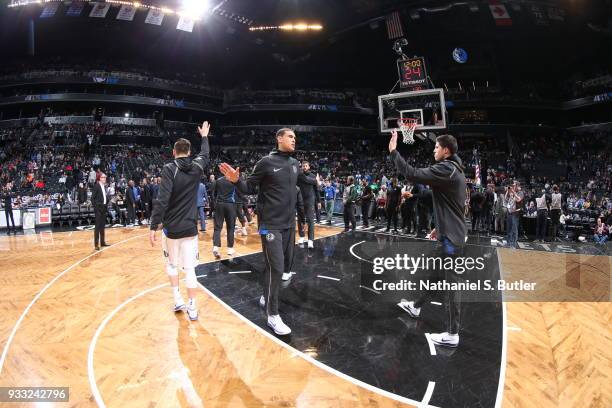 Dwight Powell of the Dallas Mavericks gets introduced before the game against the Brooklyn Nets on March 17, 2018 at Barclays Center in Brooklyn, New...