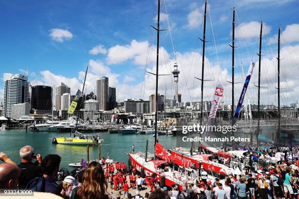 Team Brunel leaves the dock during the departure ahead of leg seven of the Volvo Ocean Race on March 18, 2018 in Auckland, New Zealand.