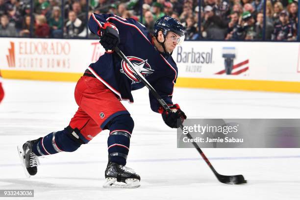 Ryan Murray of the Columbus Blue Jackets shoots the puck on net in the first period against the Ottawa Senators on March 17, 2018 at Nationwide Arena...