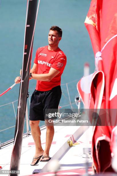 New Zealand sailor Blair Tuke on board Team Mapfre before leaving the dock during the departure ahead of leg seven of the Volvo Ocean Race on March...