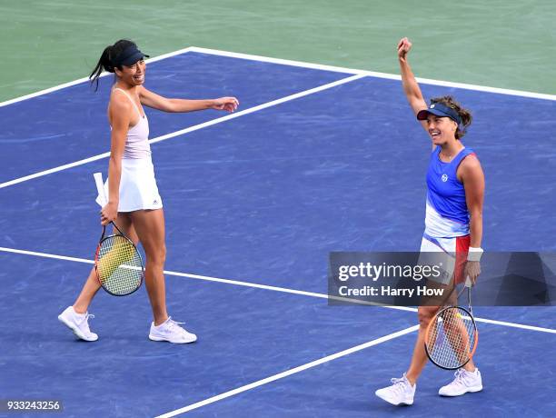 Barbora Strycova of the Czech Republic and Su-Wei Hsieh of Chinese Tapei celebrate match point over Ekaterina Makarova and Elena Vesnina of Russia in...