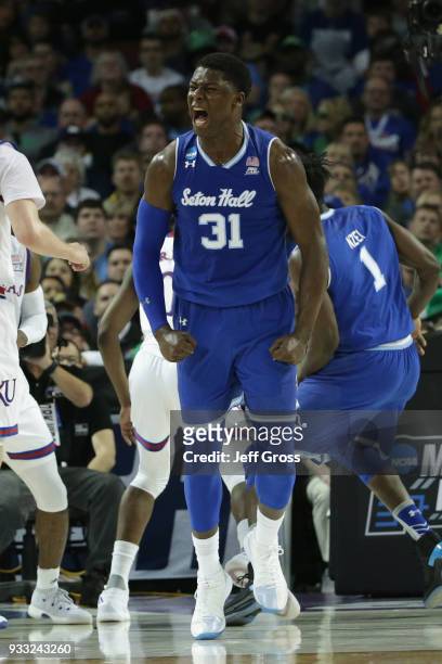 Angel Delgado of the Seton Hall Pirates reacts to a shot against the Kansas Jayhawks in the first half during the second round of the 2018 NCAA Men's...