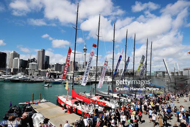 The boats prepare to leave the docks ahead of leg seven of the Volvo Ocean Race on March 18, 2018 in Auckland, New Zealand.