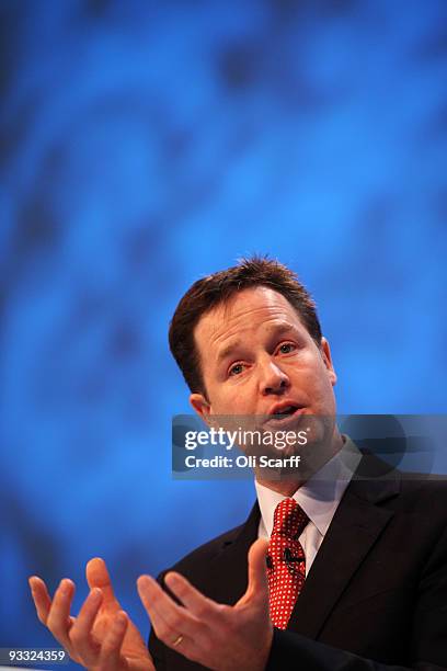 Leader of the Liberal Democrats Nick Clegg delivers a speech to the CBI annual conference at the Park Lane Hilton hotel on November 23, 2009 in...