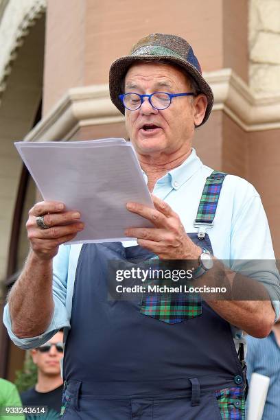 Actor Bill Murray reads a poem to a crowd before the "Isle of Dogs" premiere at The Driskill Hotel on March 17, 2018 in Austin, Texas.