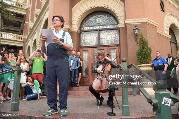 Actor Bill Murray and cellist Jan Vogler partake in a poem reading to a crowd before the "Isle of Dogs" premiere at The Driskill Hotel on March 17,...