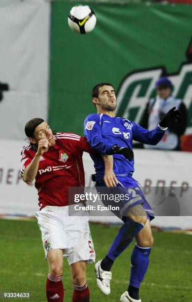 Luis Agiar of FC Dinamo Moscow battles for the ball with Jovan Tanasijevic of Lokomotiv Moscow during the Russian Football League Championship match...