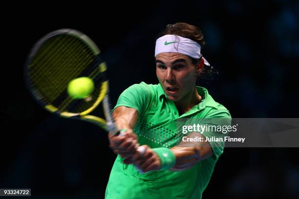 Rafael Nadal of Spain returns the ball during the men's singles first round match against Robin Soderling of Sweden during the Barclays ATP World...