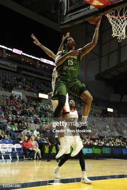 Walt Lemon Jr. 15 of the Fort Wayne Mad Ants battles a Erie Bayhawks defender on March 17, 2018 at Memorial Coliseum in Fort Wayne, Indiana. NOTE TO...