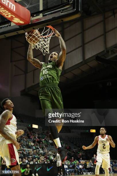 Walt Lemon Jr. #15 of the Fort Wayne Mad Ants jams on the Erie Bayhawks on March 17, 2018 at Memorial Coliseum in Fort Wayne, Indiana. NOTE TO USER:...