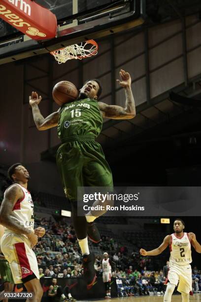 Walt Lemon Jr. #15 of the Fort Wayne Mad Ants jams on the Erie Bayhawks on March 17, 2018 at Memorial Coliseum in Fort Wayne, Indiana. NOTE TO USER:...