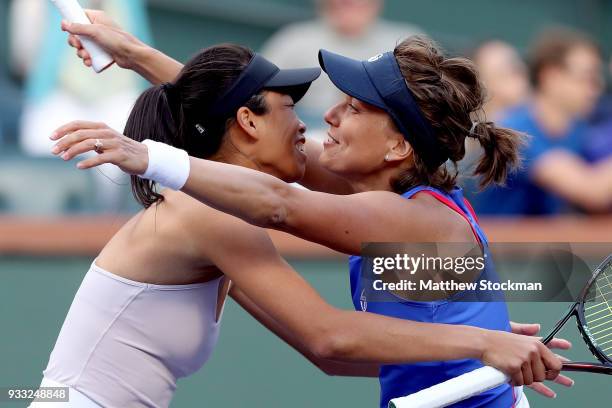 Su-Wei Hsieh of Taipei and Barbora Strycova of Czech Republi celebrate match point against Ekaterina Makarova and Elena Vesnina of Russia during the...