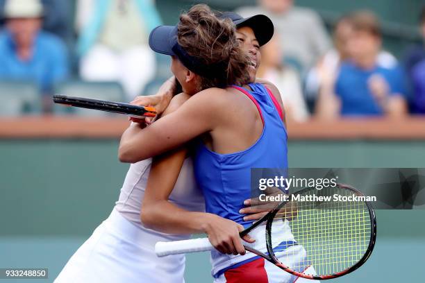 Su-Wei Hsieh of Taipei and Barbora Strycova of Czech Republi celebrate match point against Ekaterina Makarova and Elena Vesnina of Russia during the...