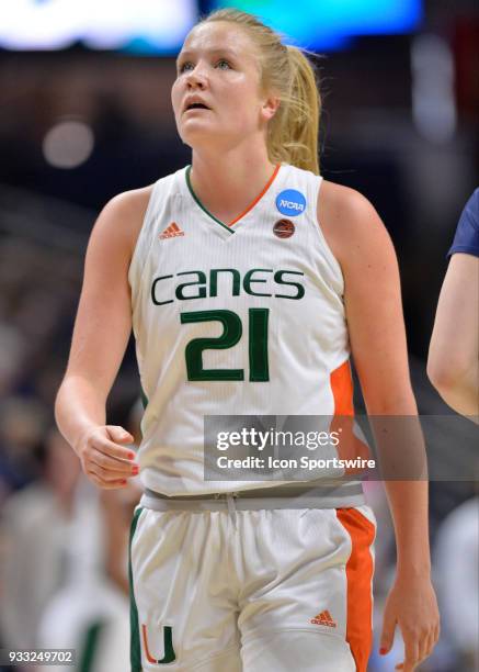 Miami Hurricanes Center Emese Hof during the game as the Miami Hurricanes take on the Quinnipiac Bobcats on March 17, 2018 at the Gampel Pavillion in...