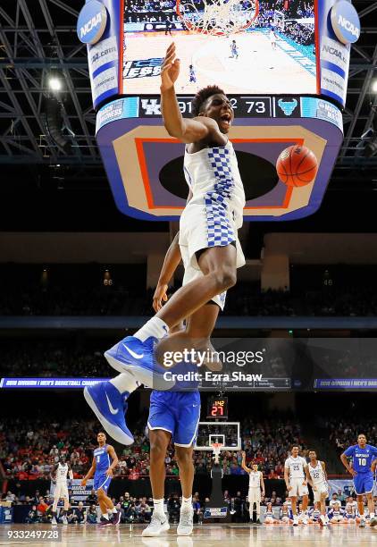Hamidou Diallo of the Kentucky Wildcats reacts after dunking against the Buffalo Bulls during the second half in the second round of the 2018 NCAA...