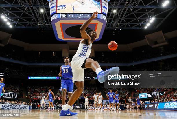 Hamidou Diallo of the Kentucky Wildcats reacts after dunking against the Buffalo Bulls during the second half in the second round of the 2018 NCAA...