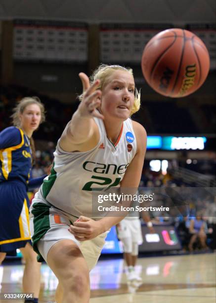 Miami Hurricanes Center Emese Hof during the game as the Miami Hurricanes take on the Quinnipiac Bobcats on March 17, 2018 at the Gampel Pavillion in...