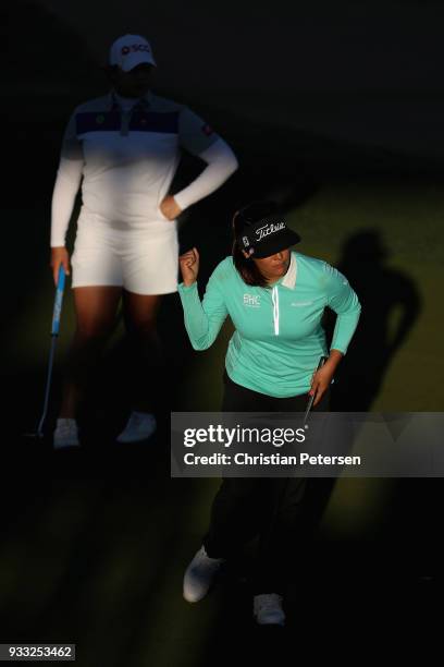 Mariajo Uribe of Columbia reacts to a birdie putt on the 18th green during the third round of the Bank Of Hope Founders Cup at Wildfire Golf Club on...