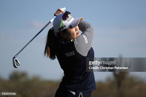 Inbee Park of South Korea plays a tee shot on the 17th hole during the third round of the Bank Of Hope Founders Cup at Wildfire Golf Club on March...