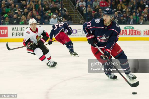 Columbus Blue Jackets defenseman Ryan Murray turns the puck around in the second period of a game between the Columbus Blue Jackets and the Ottawa...