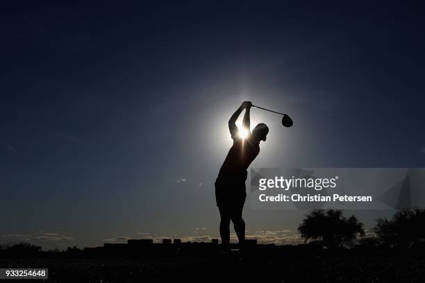 Karine Icher of France plays a tee shot on the 18th hole during the third round of the Bank Of Hope Founders Cup at Wildfire Golf Club on March 17,...