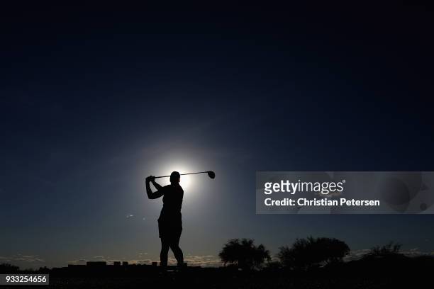 Karine Icher of France plays a tee shot on the 18th hole during the third round of the Bank Of Hope Founders Cup at Wildfire Golf Club on March 17,...