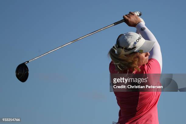 Brittany Lincicome plays a tee shot on the 18th hole during the third round of the Bank Of Hope Founders Cup at Wildfire Golf Club on March 17, 2018...