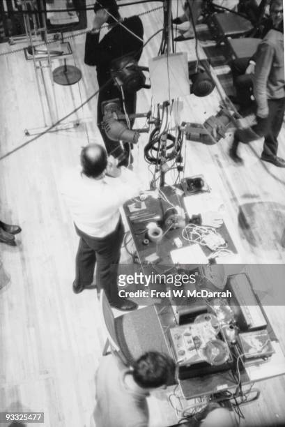 Overhead view of some of the electronic equipment used as part of a performance of Karlheinz Stockhausen's 'Originale,' New York, New York, September...