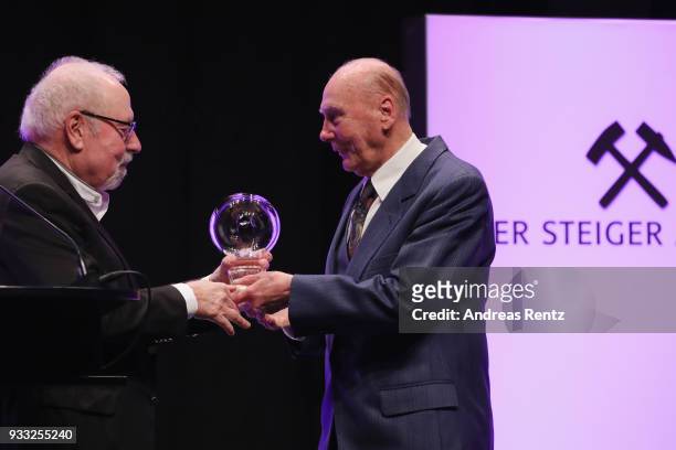 Horst Eckel receives his award by Heribert Fassbender during the Steiger Award at Zeche Hansemann on March 17, 2018 in Dortmund, Germany.
