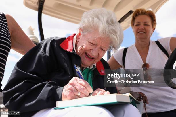 Founder Marilynn Smith signs autographs during the third round of the Bank Of Hope Founders Cup at Wildfire Golf Club on March 17, 2018 in Phoenix,...