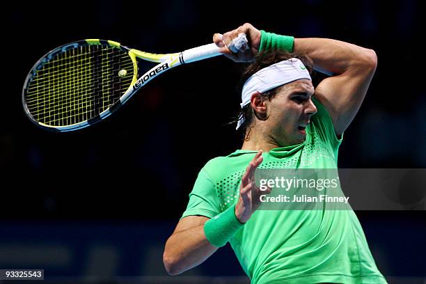 Rafael Nadal of Spain returns the ball during the men's singles first round match against Robin Soderling of Sweden during the Barclays ATP World...