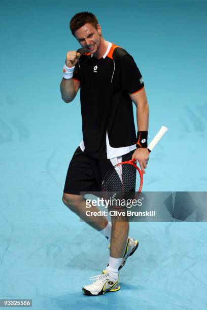 Robin Soderling of Sweden reacts during the men's singles first round match against Rafael Nadal of Spain during the Barclays ATP World Tour Finals...