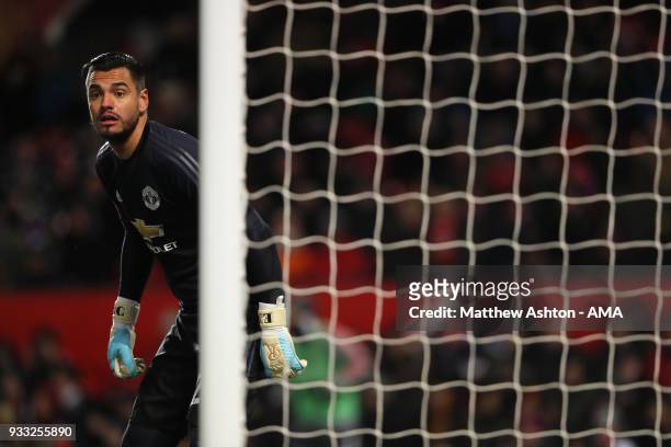 Sergio Romero of Manchester United during the FA Cup Quarter Final match between Manchester United and Brighton & Hove Albion at Old Trafford on...