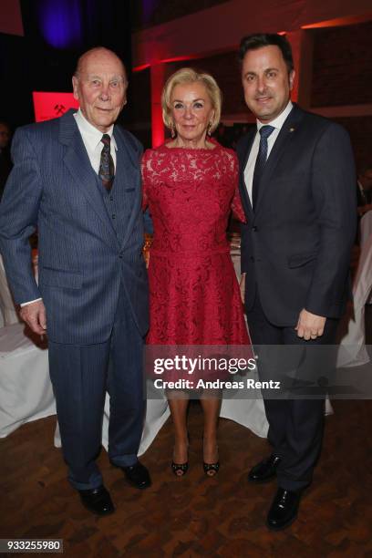 Horst Eckel, Liz Mohn and Luxembourg Prime Minister Xavier Bettel attend the Steiger Award at Zeche Hansemann on March 17, 2018 in Dortmund, Germany.