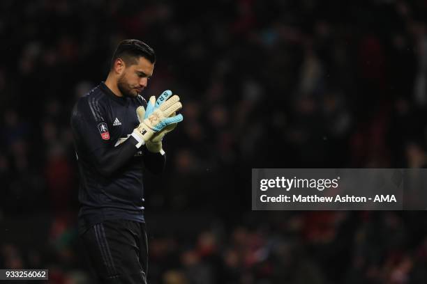 Sergio Romero of Manchester United during the FA Cup Quarter Final match between Manchester United and Brighton & Hove Albion at Old Trafford on...