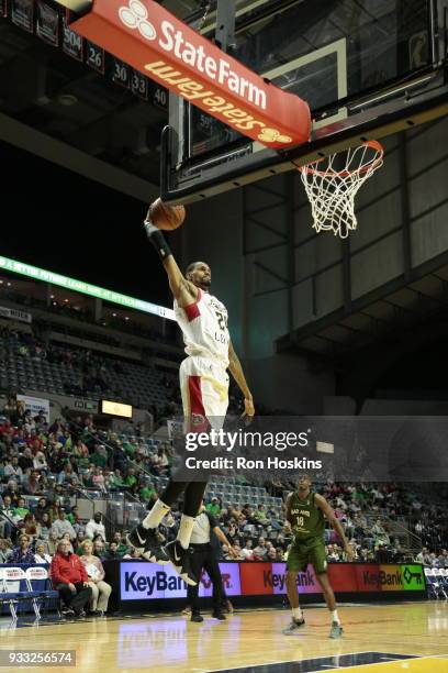 Raphiael Putney of the Erie Bayhawks jams on the Fort Wayne Mad Ants on March 17, 2018 at Memorial Coliseum in Fort Wayne, Indiana. NOTE TO USER:...