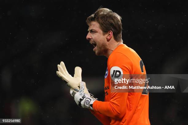 Tim Krul of Brighton & Hove Albion during the FA Cup Quarter Final match between Manchester United and Brighton & Hove Albion at Old Trafford on...