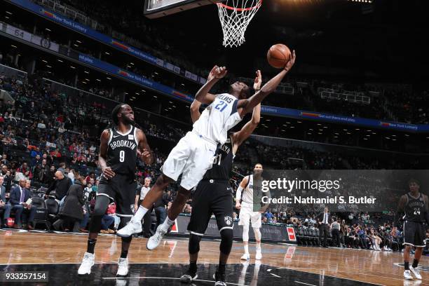 Jalen Jones of the Dallas Mavericks dunks against the Brooklyn Nets on March 17, 2018 at Barclays Center in Brooklyn, New York. NOTE TO USER: User...