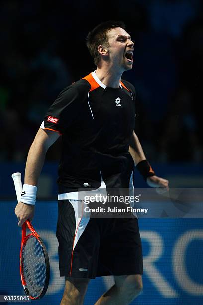 Robin Soderling of Sweden celebrates the match during the men's singles first round match against Rafael Nadal of Spain during the Barclays ATP World...