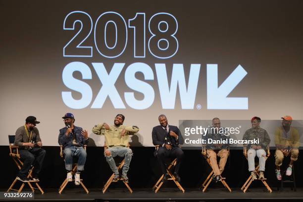 Senior Film Programmer at SXSW Jarod Neece, director Sacha Jenkins, Dave East, director Marcus A. Clarke, T.I., Rapsody and Just Blaze attend a Q&A...