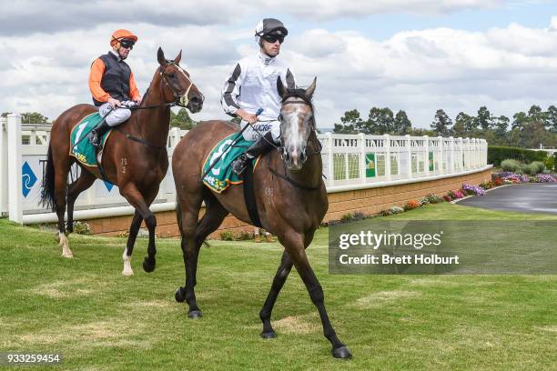 Jordan Childs returns to the mounting yard on Christie after winning the Robert Rose Foundation Maiden Plate at Yarra Valley Racecourse on March 18,...
