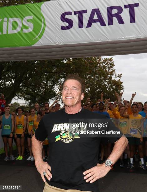 Arnold Schwarzenegger prepares to start the Run for the Kids charity run as part of the Arnold Sports Festival Australia at at the Alexander Gardens...