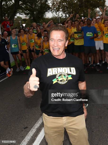 Arnold Schwarzenegger prepares to start the Run for the Kids charity run as part of the Arnold Sports Festival Australia at at the Alexander Gardens...