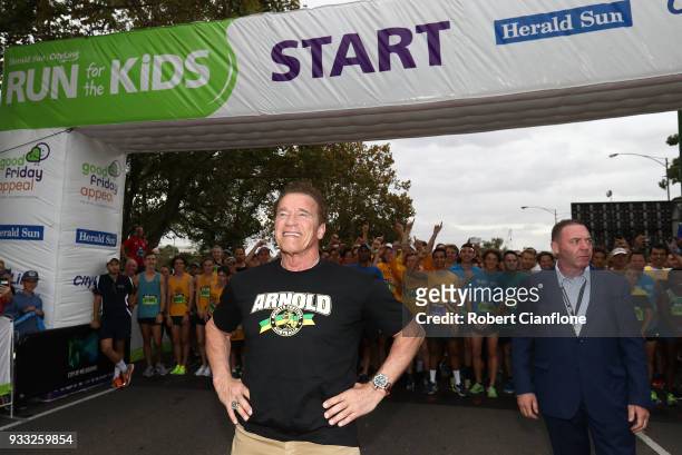 Arnold Schwarzenegger prepares to start the Run for the Kids charity run as part of the Arnold Sports Festival Australia at at the Alexander Gardens...