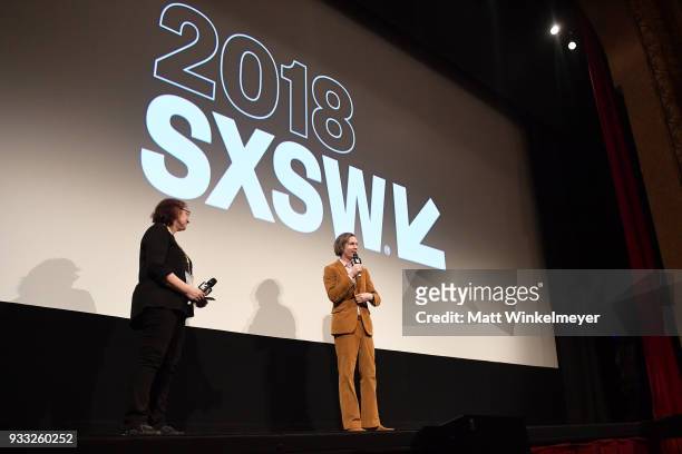 Film Festival Director Janet Pierson and Wes Anderson attend the "Isle of Dogs" Premiere - 2018 SXSW Conference and Festivals at Paramount Theatre on...