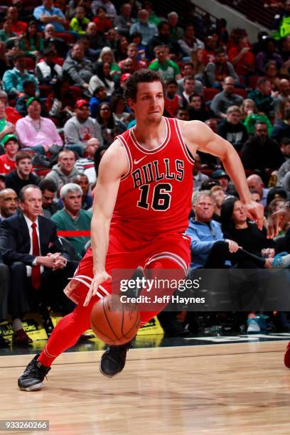 Paul Zipser of the Chicago Bulls handles the ball against the Cleveland Cavaliers on March 17, 2018 at the United Center in Chicago, Illinois. NOTE...