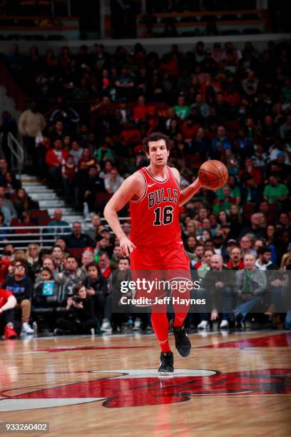Paul Zipser of the Chicago Bulls handles the ball against the Cleveland Cavaliers on March 17, 2018 at the United Center in Chicago, Illinois. NOTE...