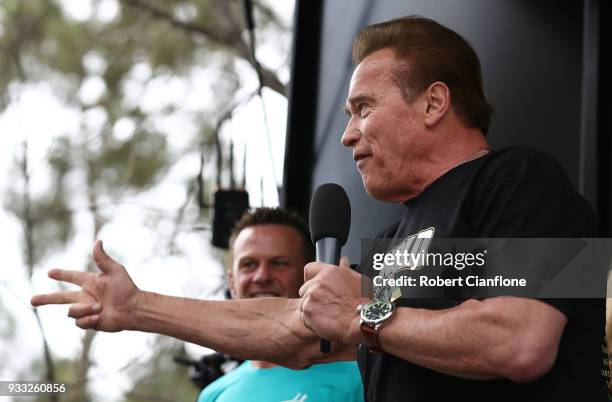 Arnold Schwarzenegger starts the Run for the Kids charity run as part of the Arnold Sports Festival Australia at at the Alexander Gardens on March...