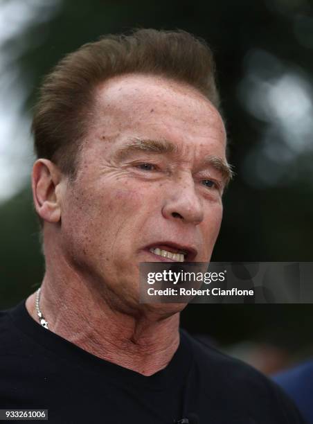 Arnold Schwarzenegger speaks to the media as he prepares to start the Run for the Kids charity run as part of the Arnold Sports Festival Australia at...